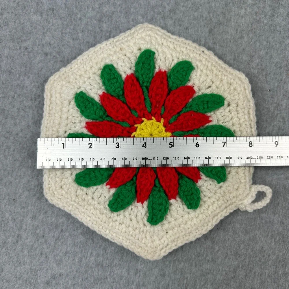 Vintage Handmade Crochet Poinsettia Potholder Hexagon Christmas Floral Cream Red
